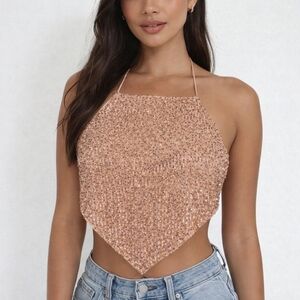 Vintage Chocolate Glittering Halter Crop Top in Brown Size Med✨